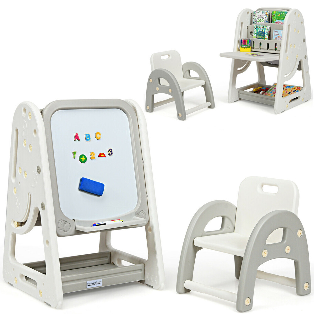 2 in 1 Kids Easel Desk Chair Set with Book Rack & Adjustable Art Painting Board