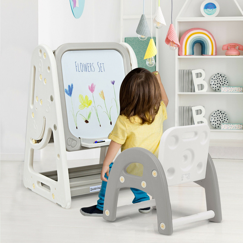 2 in 1 Kids Easel Desk Chair Set with Book Rack & Adjustable Art Painting Board