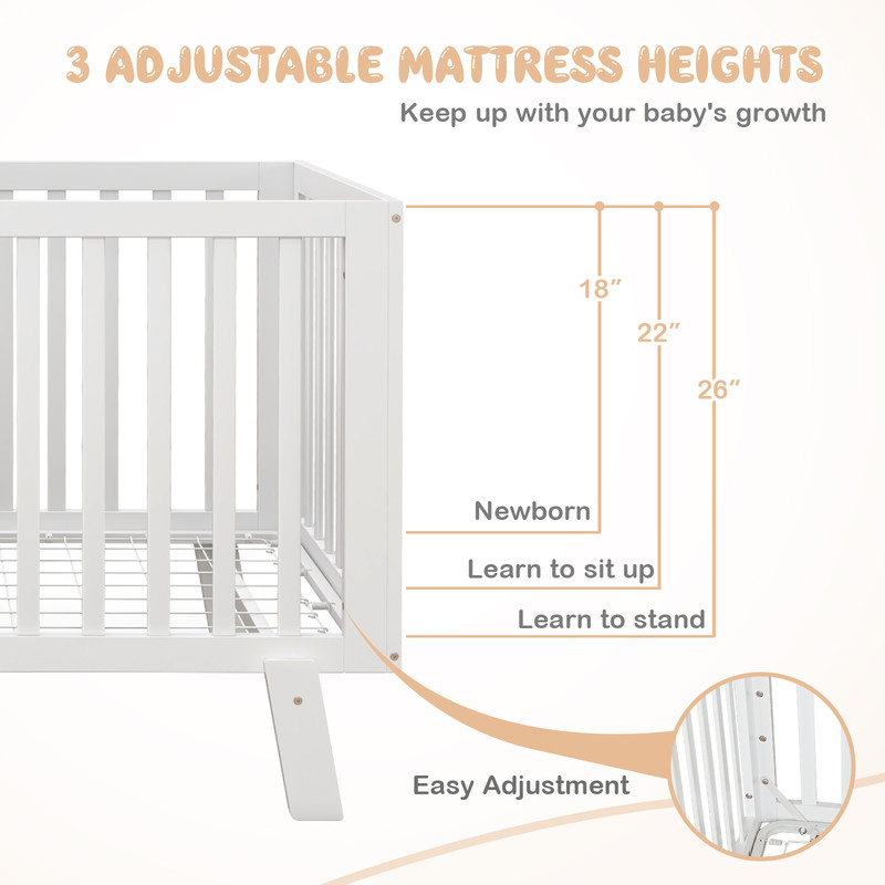 Rubber Wood Baby Crib With Adjustable Mattress Heights And Guardrails Solid Wood Infant Cot With 3L 1
