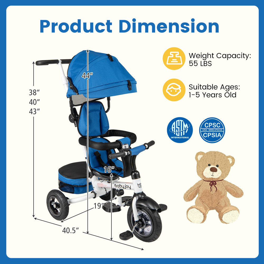 Foldable Trike Stroller with Adjustable Canopy Safe & Reversible Seat for Toddlers