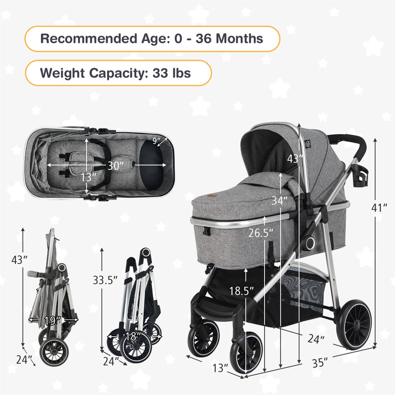 Reversible Seat Baby Stroller 2 in 1 Convertible Travel System with Shockproof Wheels & One Hand Fold