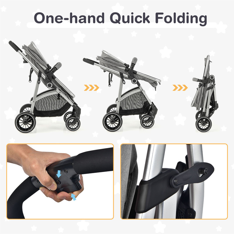 Reversible Seat Baby Stroller 2 in 1 Convertible Travel System with Shockproof Wheels & One Hand Fold