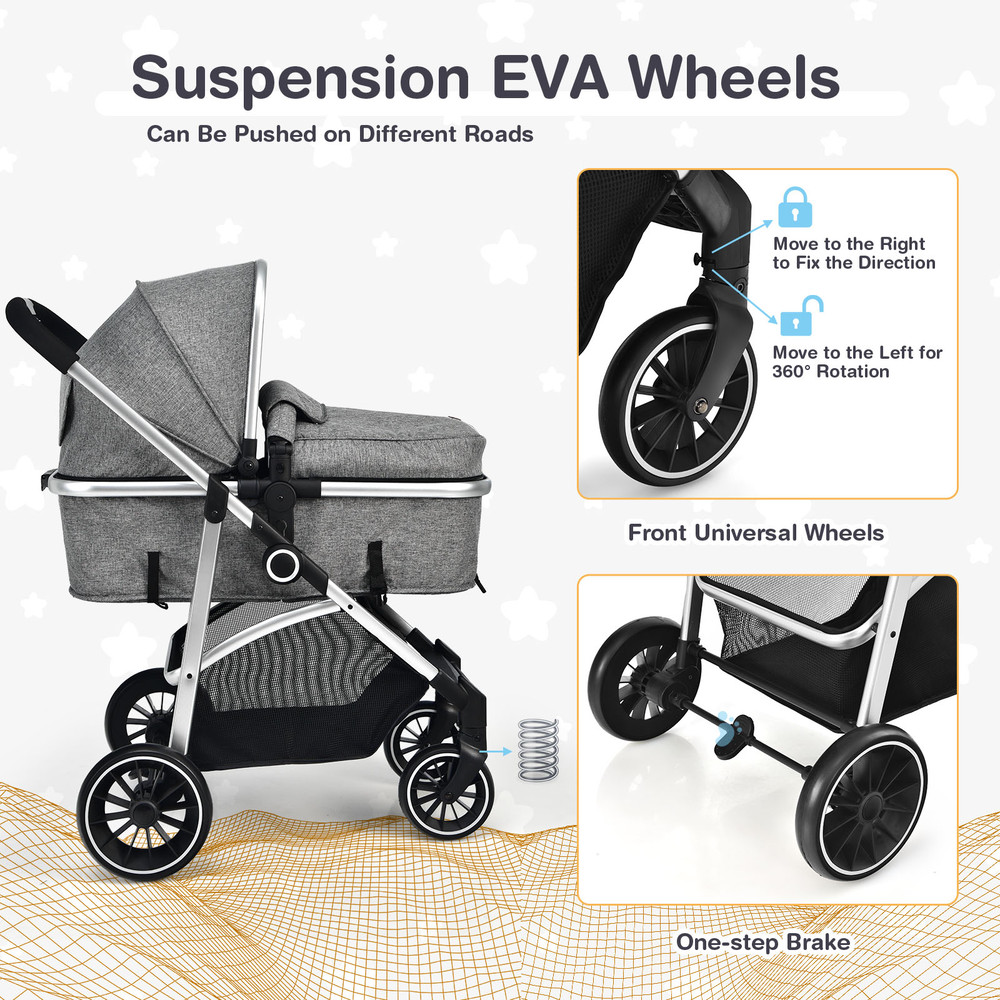 Reversible Seat Baby Stroller 2 in 1 Convertible Travel System with Shockproof Wheels & One Hand Fold