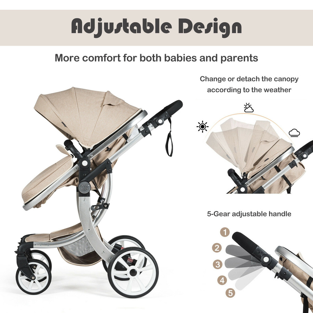 Convertible Baby Stroller with Diaper Bag 2 in 1 Bassinet & Pushchair, Aluminum Frame & Quick Fold