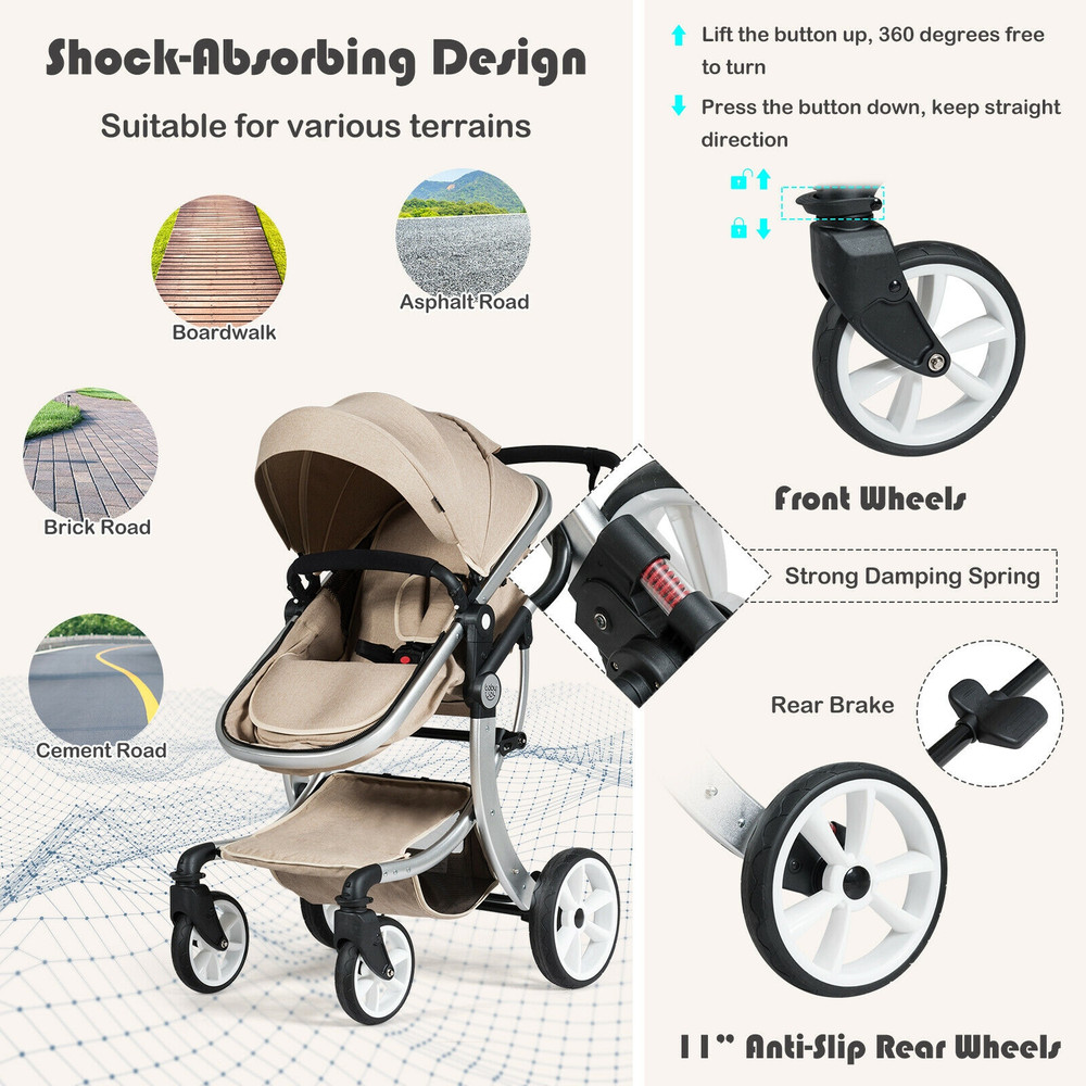 Convertible Baby Stroller with Diaper Bag 2 in 1 Bassinet & Pushchair, Aluminum Frame & Quick Fold