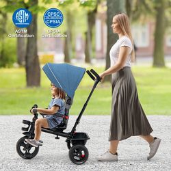 stroller tricycle for toddlers adjustable infant trike with parent control & safety harness
