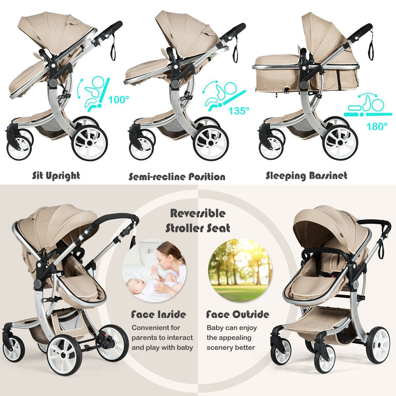 Convertible Baby Stroller with Diaper Bag 2 in 1 Bassinet & Pushchair, Aluminum Frame & Quick Fold
