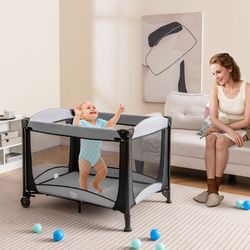 convertible baby playard 5 in 1 bassinet, changing station & playpen with wheels & storage