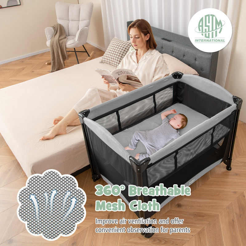 Convertible Baby Playard 5 in 1 Bassinet, Changing Station & Playpen with Wheels & Storage
