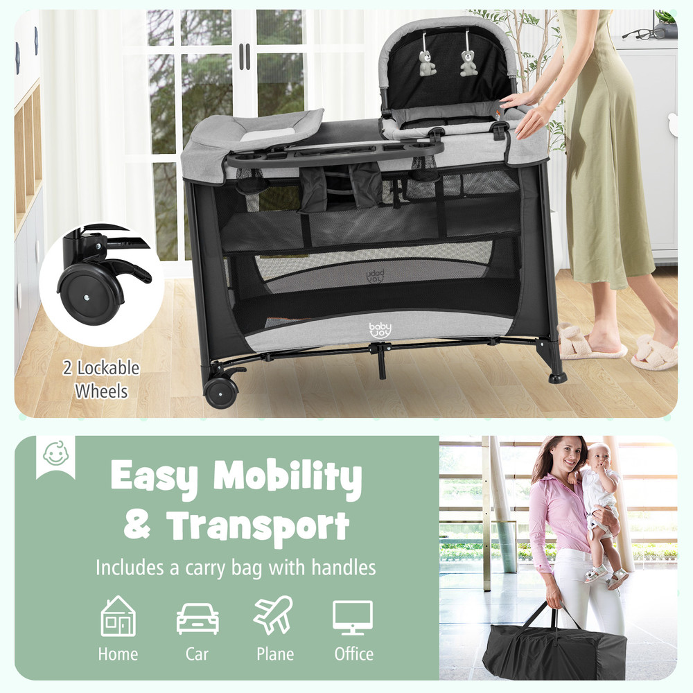 Convertible Baby Playard 5 in 1 Bassinet, Changing Station & Playpen with Wheels & Storage