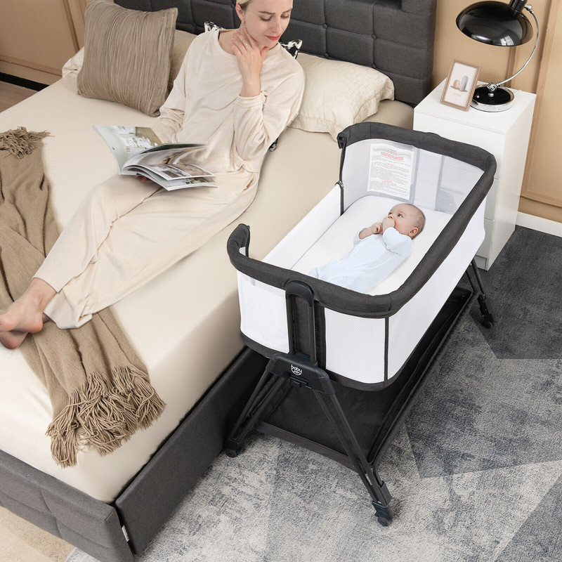 Portable Bedside Sleeper for Baby with 7 Adjustable Heights, Foldable Co Sleeper with Storage Shelf