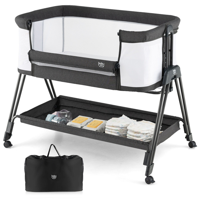 Portable Bedside Sleeper for Baby with 7 Adjustable Heights, Foldable Co Sleeper with Storage Shelf