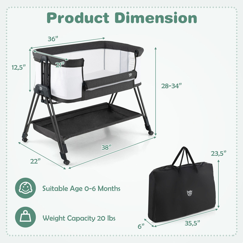 Portable Bedside Sleeper for Baby with 7 Adjustable Heights, Foldable Co Sleeper with Storage Shelf