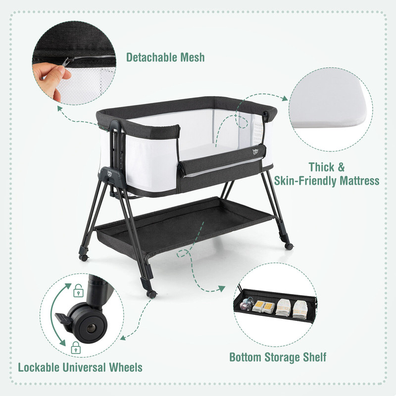 Portable Bedside Sleeper for Baby with 7 Adjustable Heights, Foldable Co Sleeper with Storage Shelf