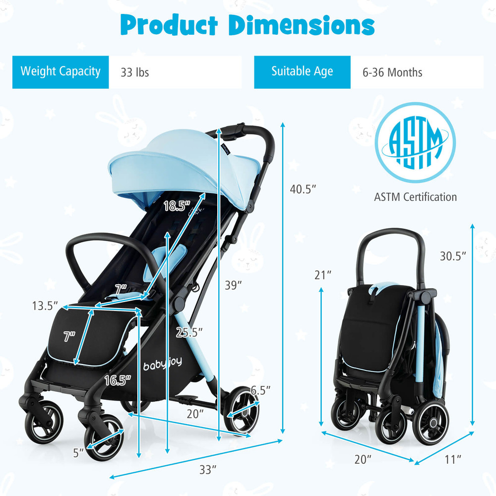One Hand Folding Lightweight Baby Stroller with Aluminum Frame, Portable Travel Stroller for Toddlers 6-36 Months
