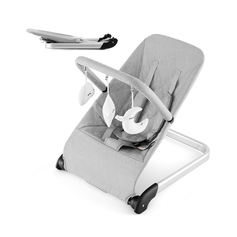 Foldable Baby Bouncer with Removable Fabric Cover and Toy Bar Gray