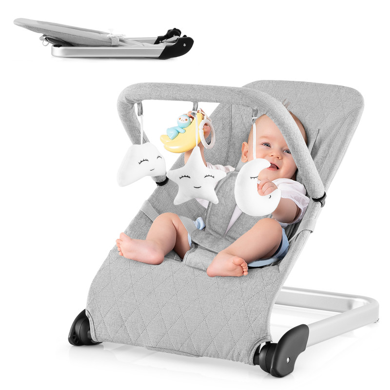 Foldable Baby Bouncer with Removable Fabric Cover and Toy Bar Gray