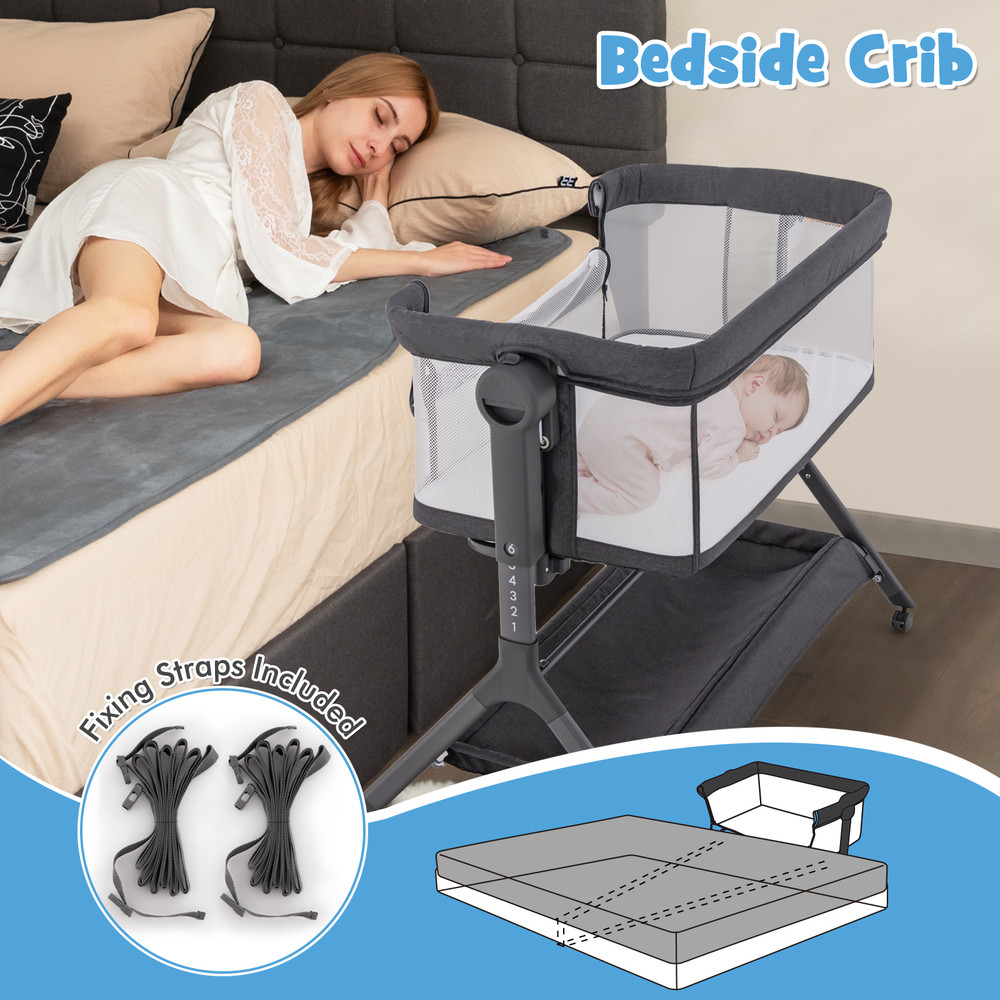 Height Adjustable Bedside Sleeper with Storage Bag 3 in 1 Baby Bassinet & Rocking Crib with Soft Mattress