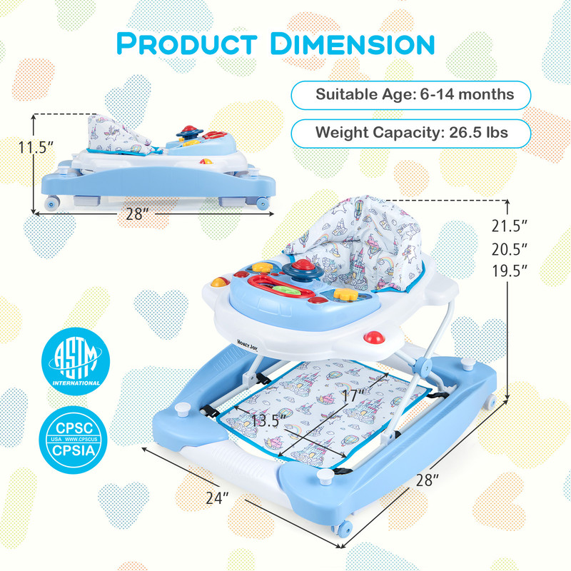 6 in 1 Foldable Baby Walker with Adjustable Height, Multi Activity Center with Music & Snack Tray