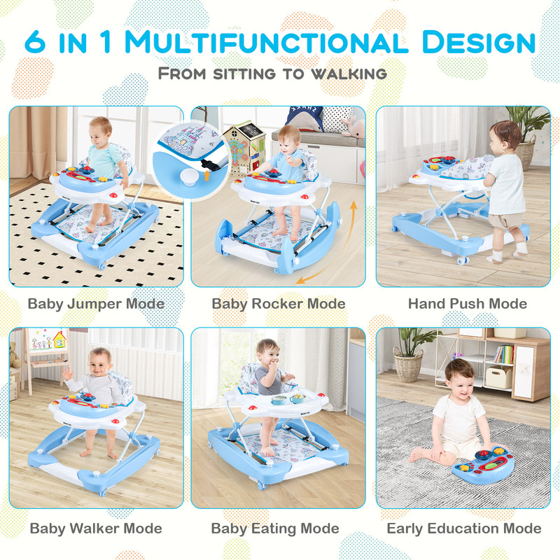 6 in 1 Foldable Baby Walker with Adjustable Height, Multi Activity Center with Music & Snack Tray