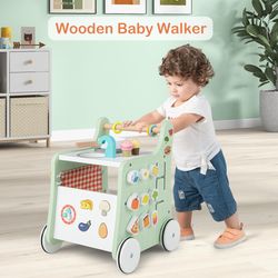 6-in-1 wooden baby stroller with play kitchen for toddlers 12+ months, multifunctional learning toy