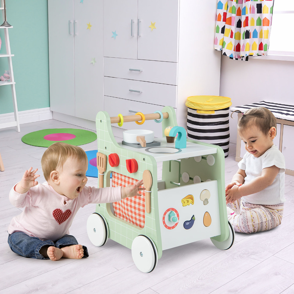 6-in-1 Wooden Baby Stroller with Play Kitchen for Toddlers 12+ Months, Multifunctional Learning Toy