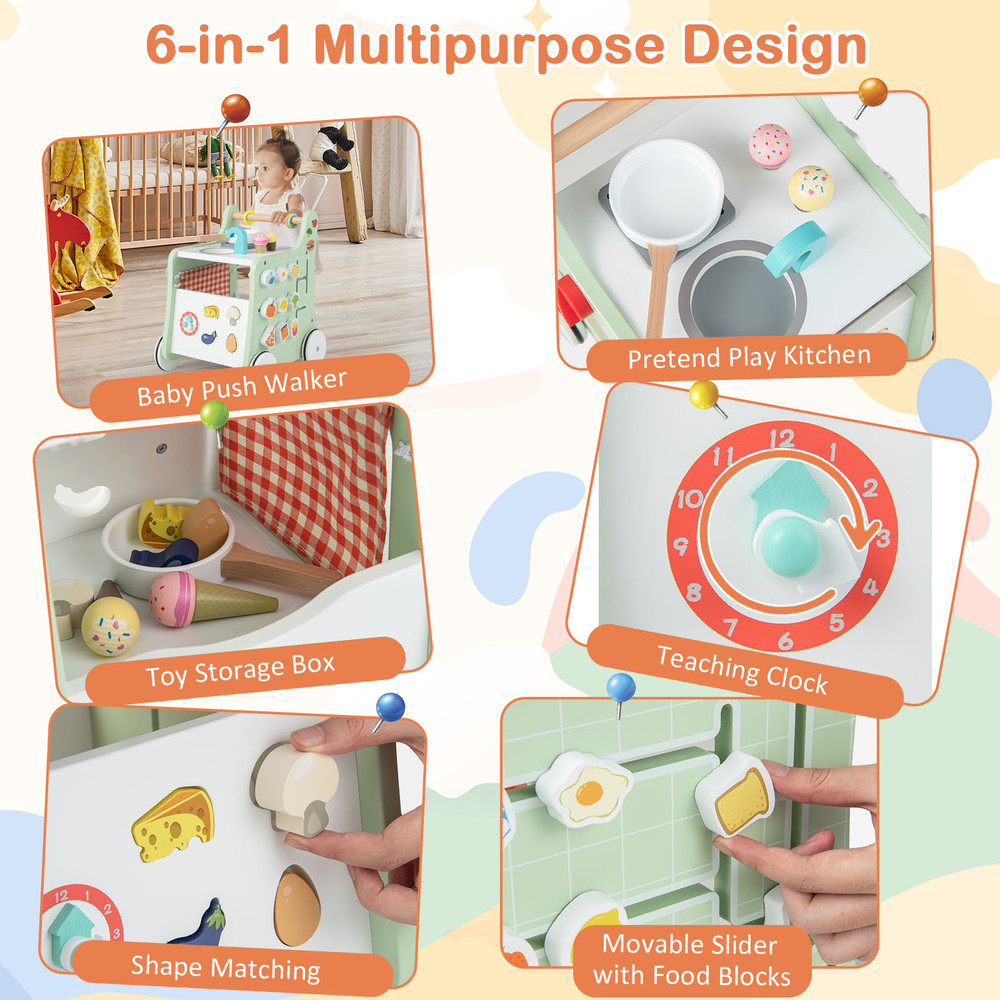 6-in-1 Wooden Baby Stroller with Play Kitchen for Toddlers 12+ Months, Multifunctional Learning Toy