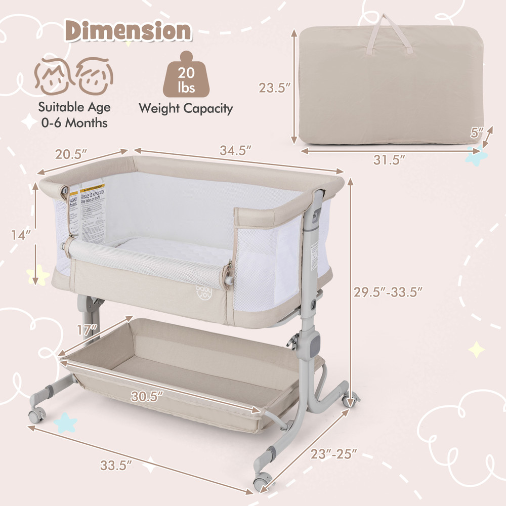 Baby Bassinet Bedside Sleeper with 6-Level Adjustable Height, 3-in-1 Portable Crib