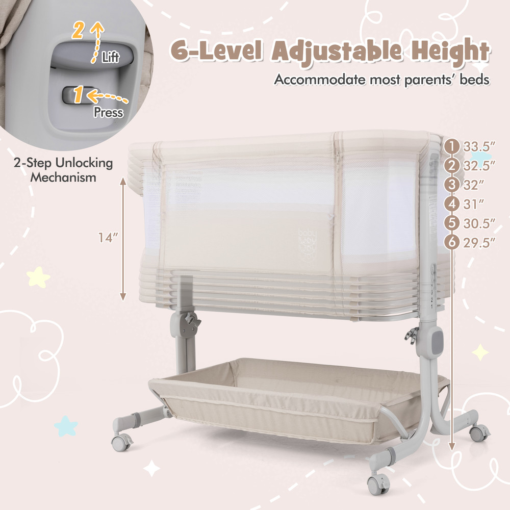 Baby Bassinet Bedside Sleeper with 6-Level Adjustable Height, 3-in-1 Portable Crib
