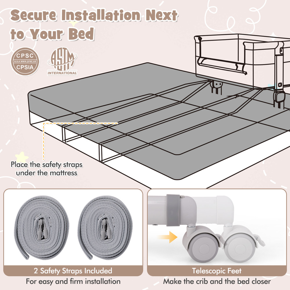 Baby Bassinet Bedside Sleeper with 6-Level Adjustable Height, 3-in-1 Portable Crib