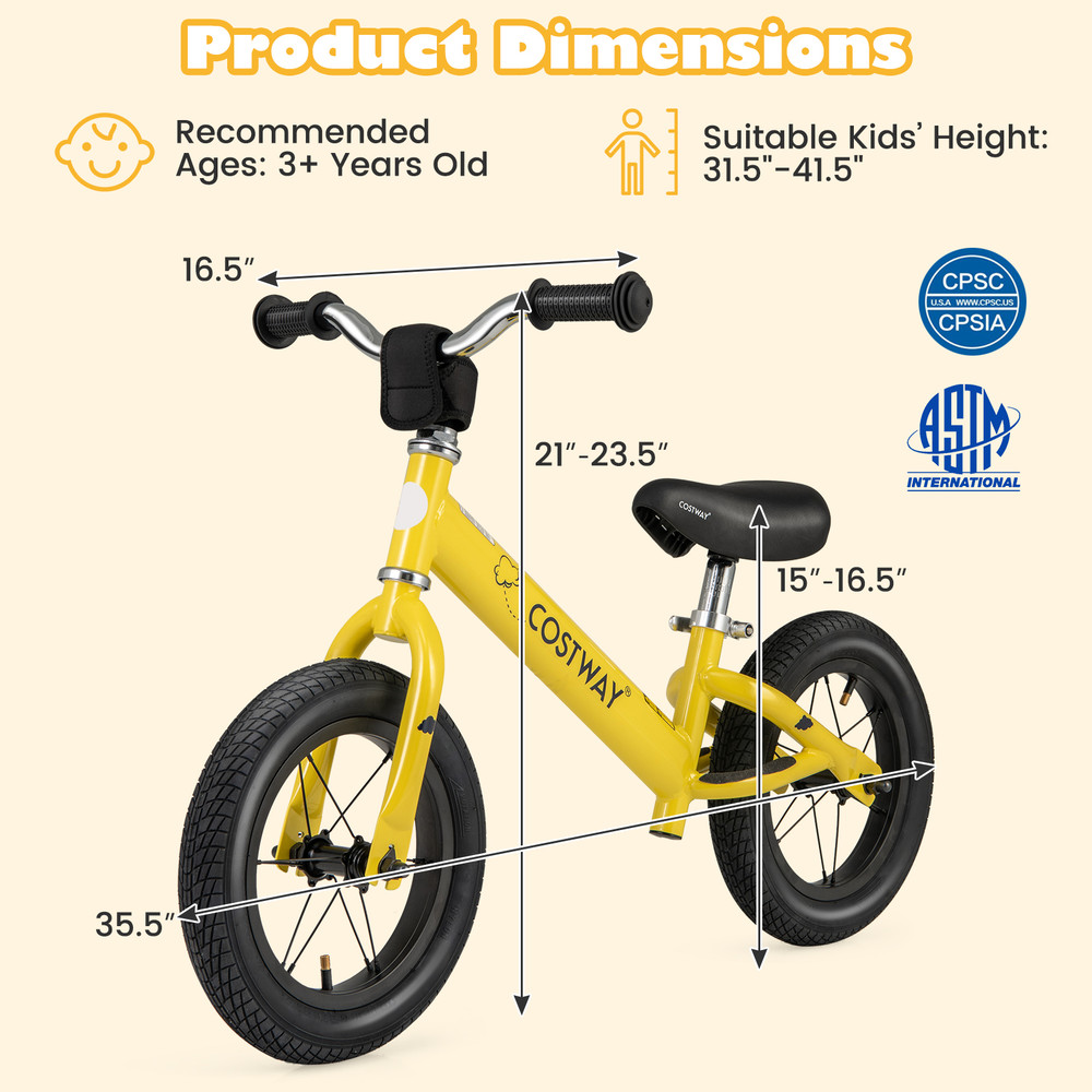 12 Inch Toddler Balance Bike with Height Adjustable Handlebar & Seat, Safe & Durable