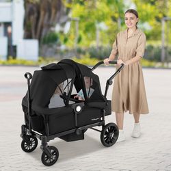 2-seater push pull collapsible kids wagon stroller with adjustable handlebars