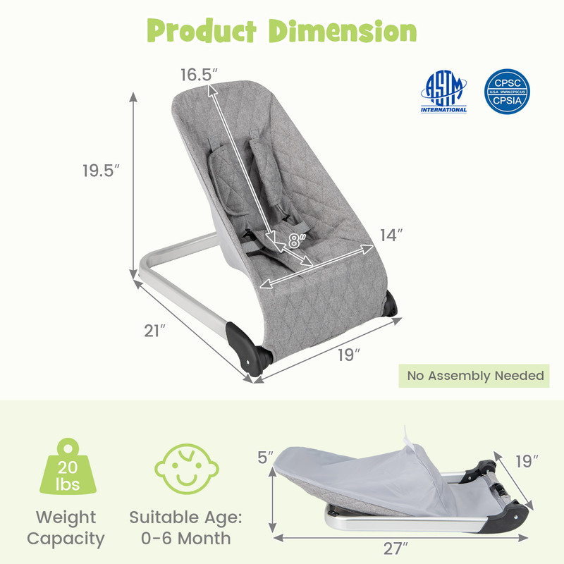 Baby Bouncer Seat with Aluminum & Metal Frame, Lightweight & Foldable