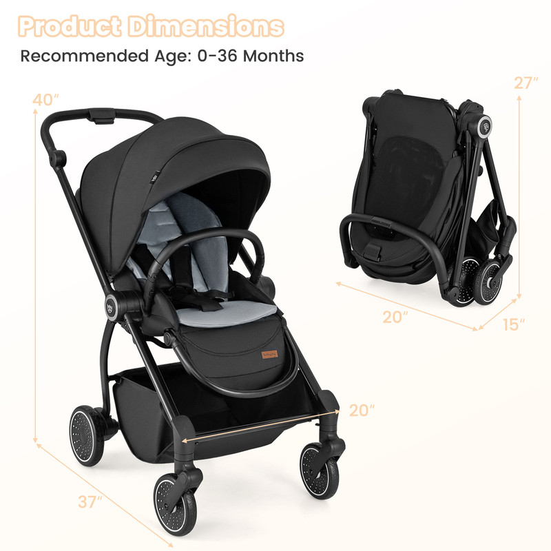 Foldable Infant Pram Stroller with Reversible Seat & Reclining Backrest, Lightweight & Adjustable