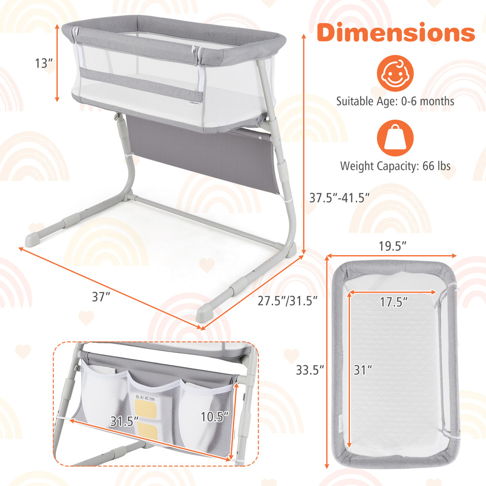 Baby Bassinet Bedside Crib with Adjustable Height & Comfy Mattress