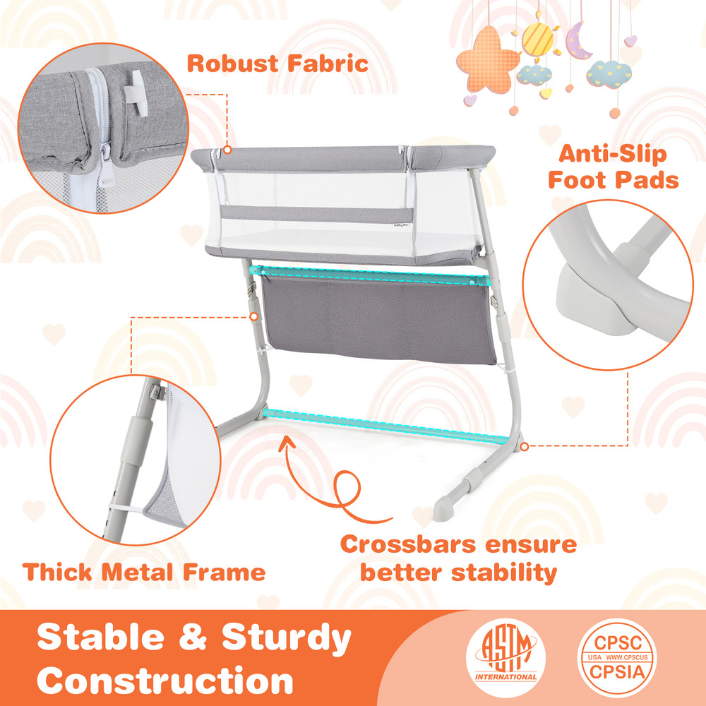 Baby Bassinet Bedside Crib with Adjustable Height & Comfy Mattress