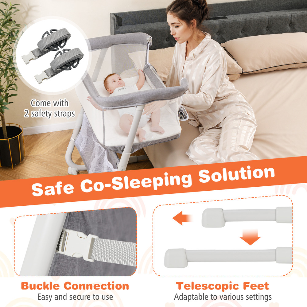 Baby Bassinet Bedside Crib with Adjustable Height & Comfy Mattress