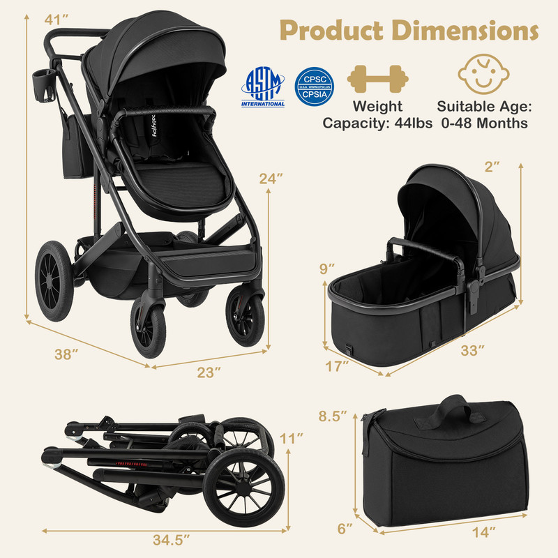 3-in-1 Folding Convertible Newborn Stroller with Detachable Bassinet, Lightweight & Reversible