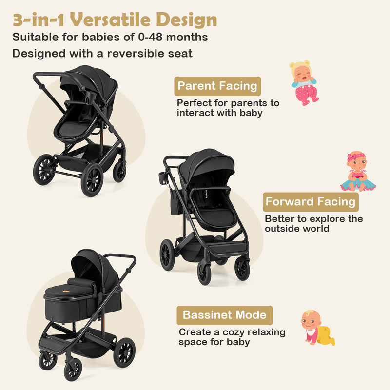 3-in-1 Folding Convertible Newborn Stroller with Detachable Bassinet, Lightweight & Reversible