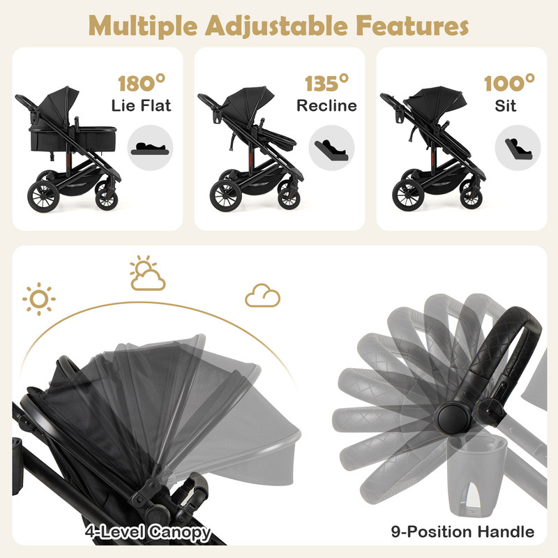 3-in-1 Folding Convertible Newborn Stroller with Detachable Bassinet, Lightweight & Reversible