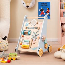 wooden baby walker push & pull, 8-in-1 learning activity center with wheels
