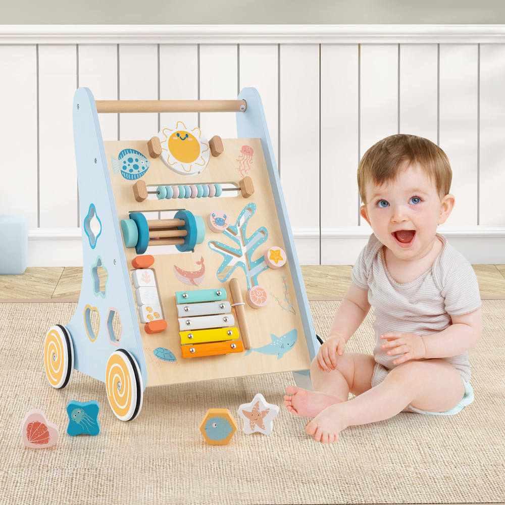 Wooden Baby Walker Push & Pull, 8-in-1 Learning Activity Center with Wheels