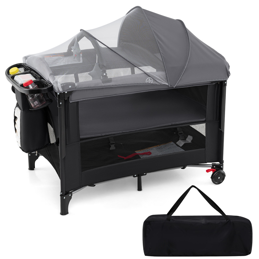 Foldable Baby Bassinet with 4 Adjustable Heights, Changing Table & Mattress Multi Functional Nursery Center & Playpen