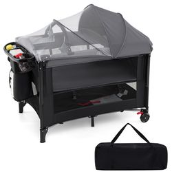 foldable baby bassinet with 4 adjustable heights, changing table & mattress multi functional nursery center & playpen