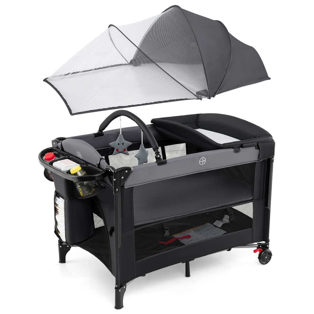 Foldable Baby Bassinet with 4 Adjustable Heights, Changing Table & Mattress Multi Functional Nursery Center & Playpen