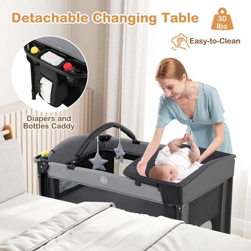 Foldable Baby Bassinet with 4 Adjustable Heights, Changing Table & Mattress Multi Functional Nursery Center & Playpen