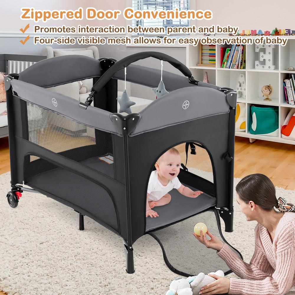 Foldable Baby Bassinet with 4 Adjustable Heights, Changing Table & Mattress Multi Functional Nursery Center & Playpen