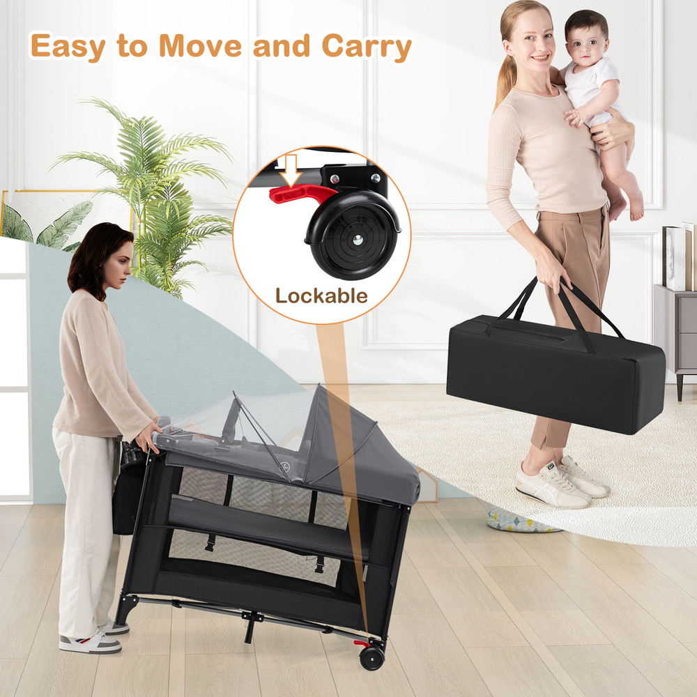 Foldable Baby Bassinet with 4 Adjustable Heights, Changing Table & Mattress Multi Functional Nursery Center & Playpen