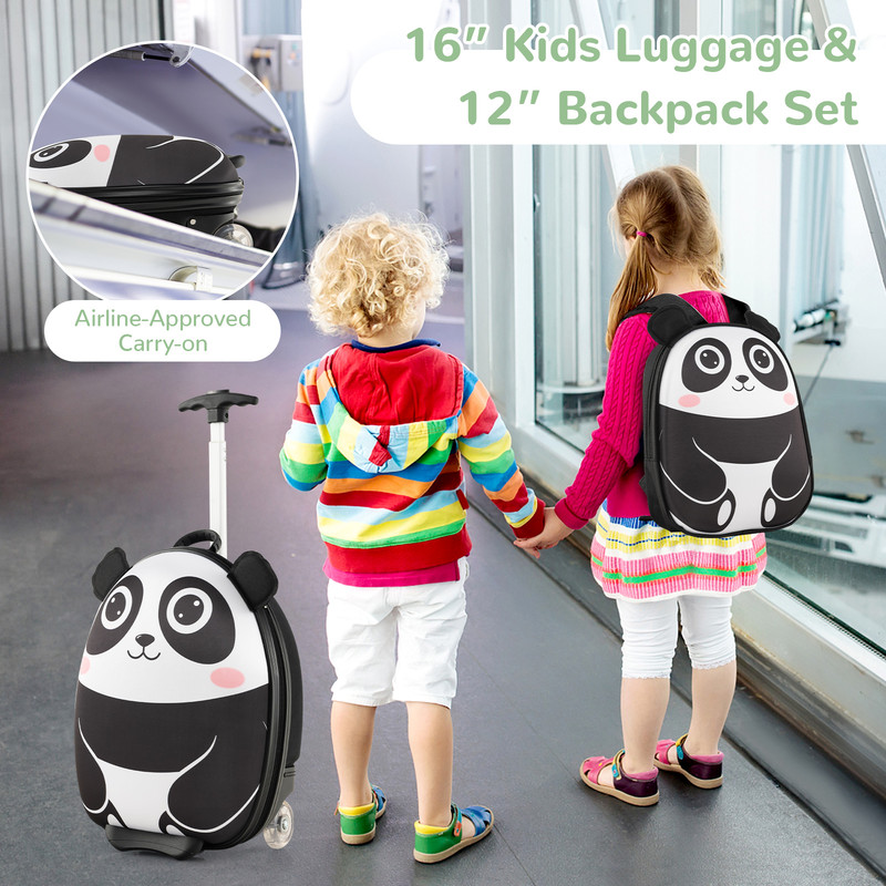Children's Travel Set, Portable 2 Piece Luggage with Backpack & Spinner Wheels (Panda/Owl Tiger Designs)