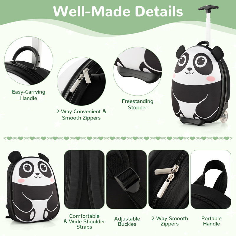 Children's Travel Set, Portable 2 Piece Luggage with Backpack & Spinner Wheels (Panda/Owl Tiger Designs)